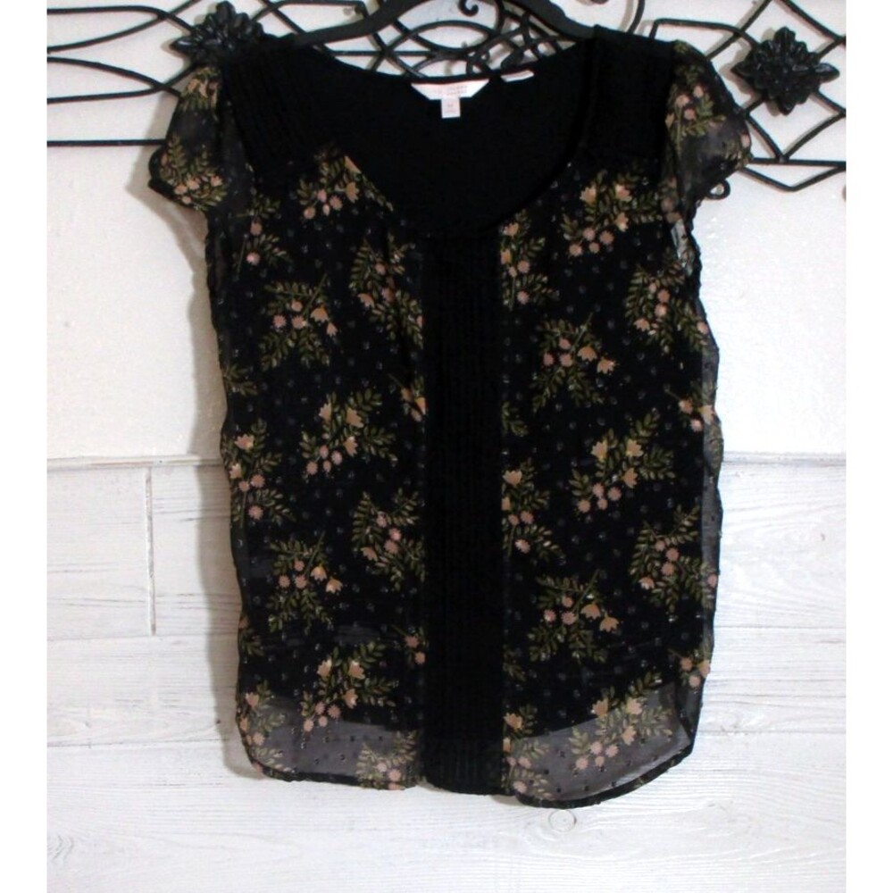 LC Lauren Conrad Women's Top Size M Short Sleeve Black Floral Round Neck